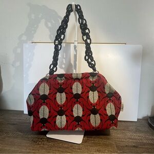Beetle Print Statement Bag Red Tapestry Purse Chunky Chain Handle